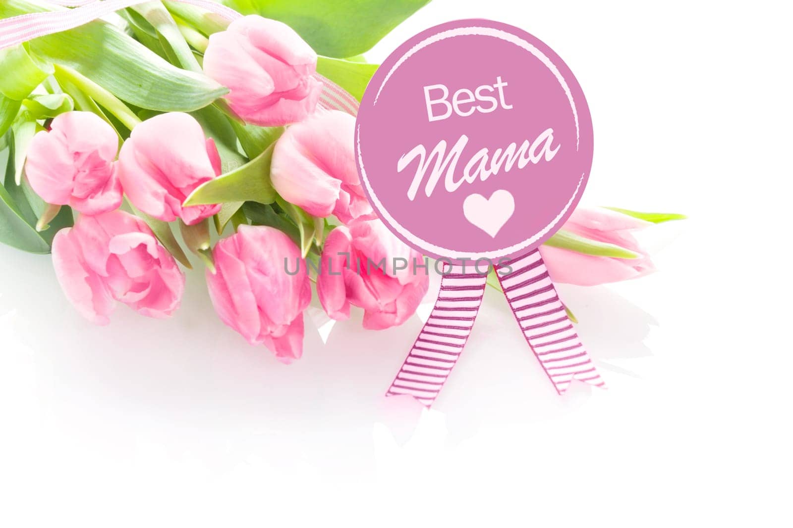Heartwarming Mothers Day greeting - Best Mama - from a child on a round purple rosette with a gift of a bouquet of fresh pink tulips