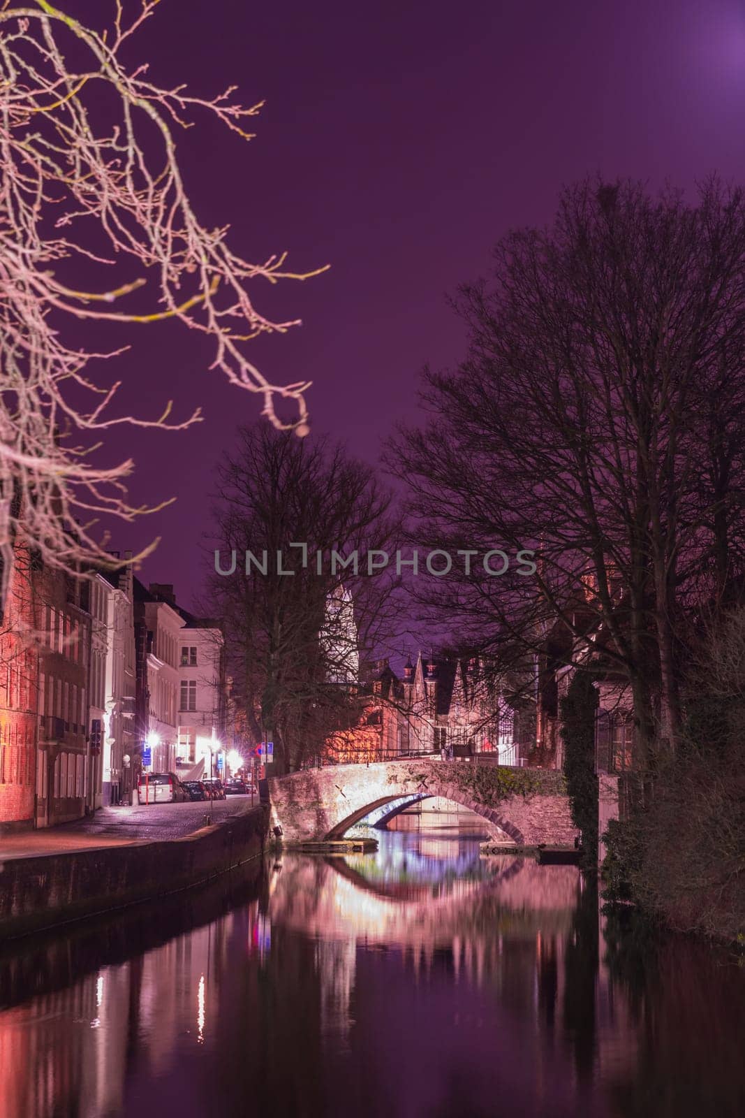 A canal in Bruges at night with illuminated bridges,shade radiand orchid