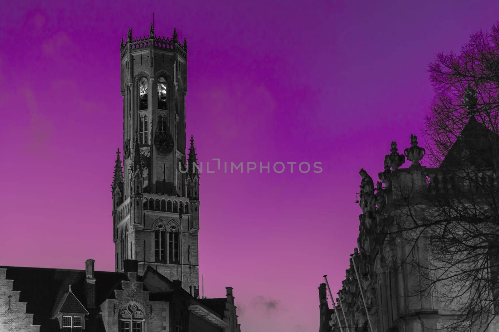 The Belfry in Bruegge behind historic houses