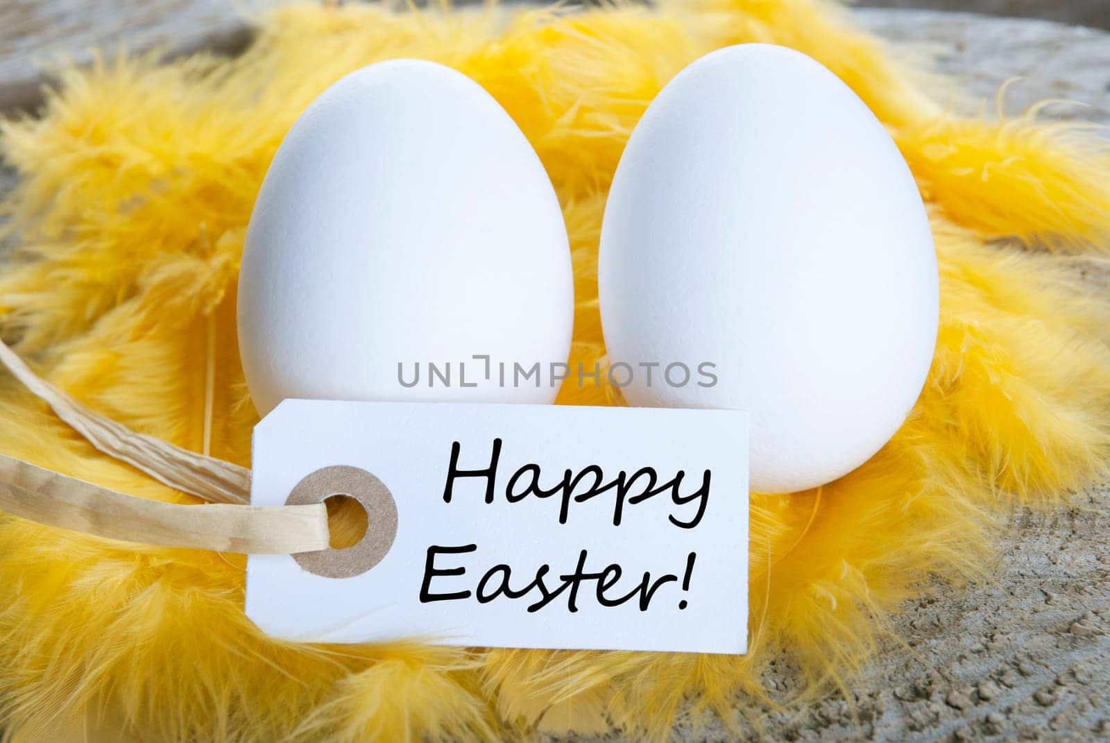 Easter Background with Two Eggs and Label with Happy Easter on it