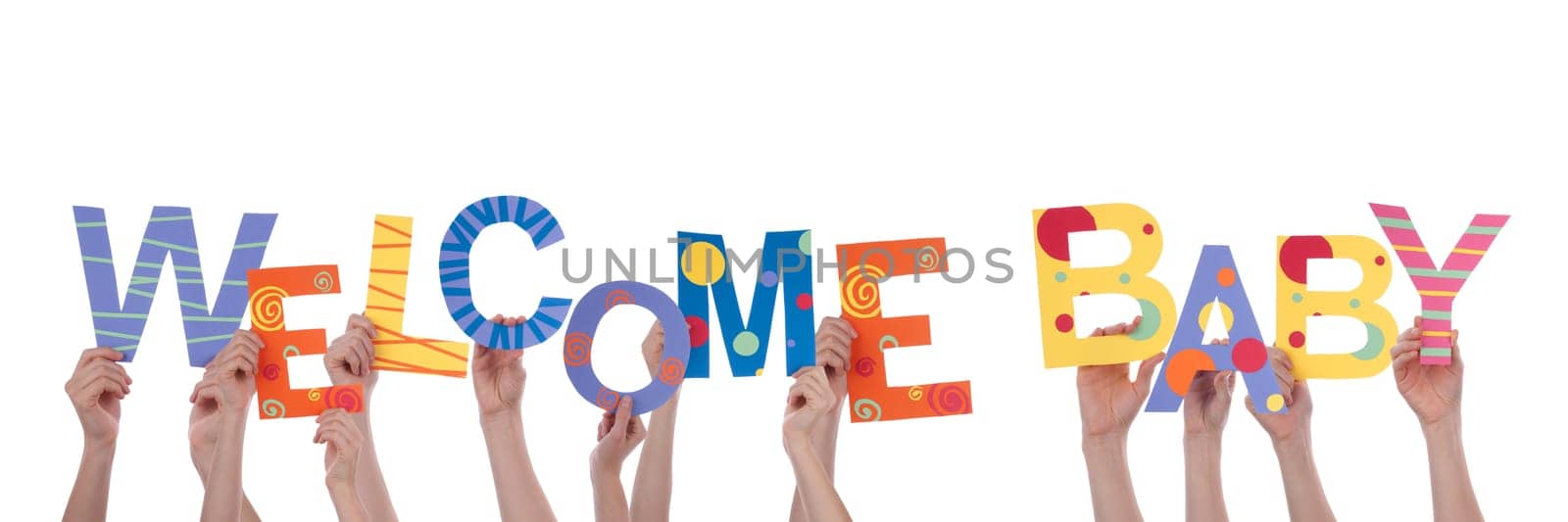 Hands Holding Colorful Letters which mean Welcome Baby, Isolated