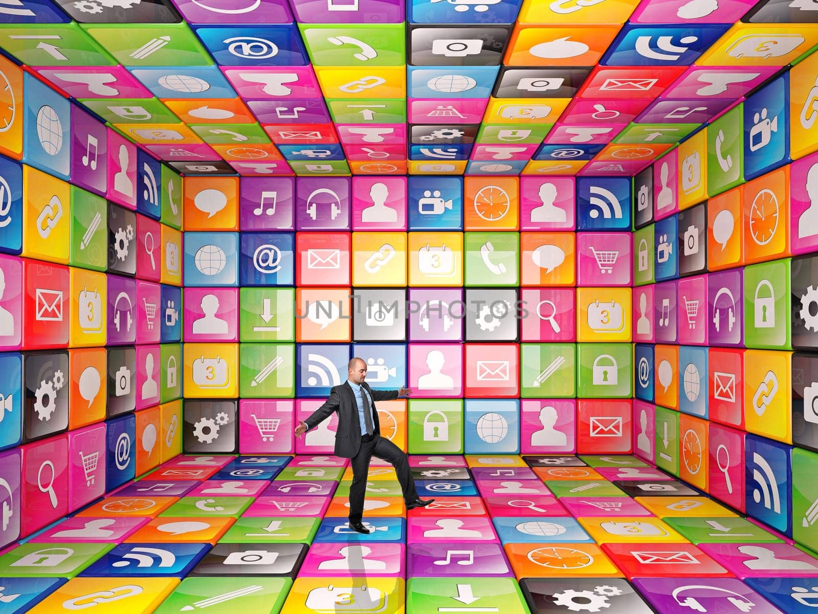 business man and 3d cubes with smart icons