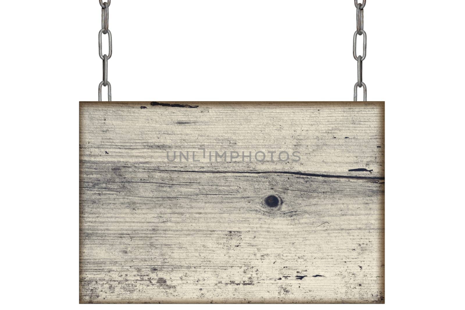 old wooden sign hangs on chain