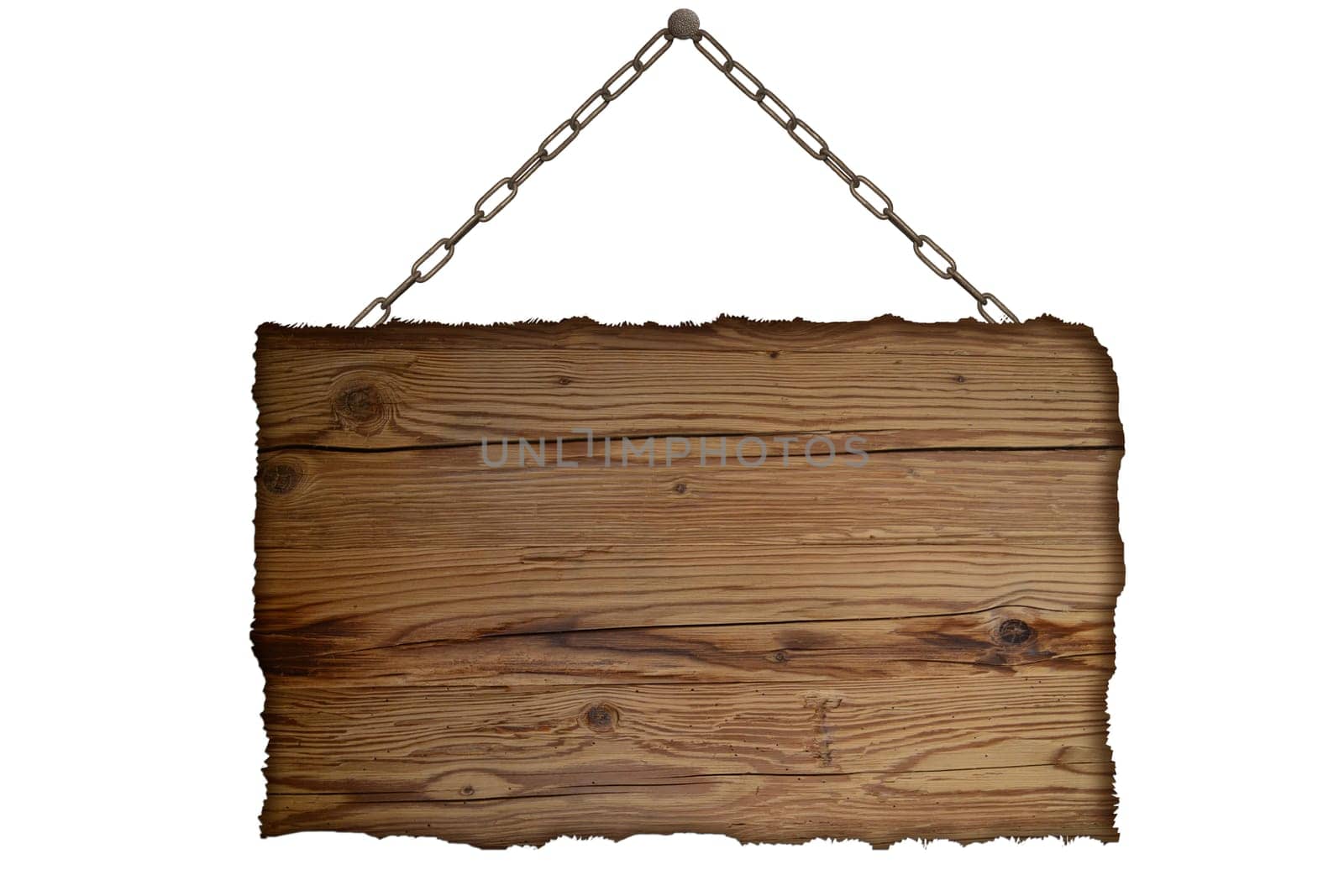 old wooden sign hangs on chain