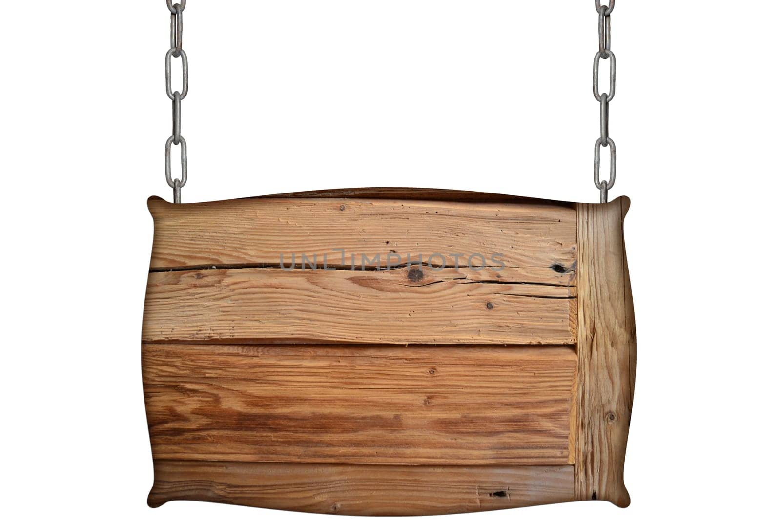 old wooden sign hangs on chain