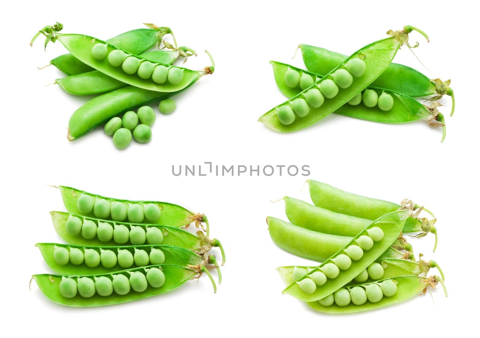 Collection of fresh green peas isolated on white background