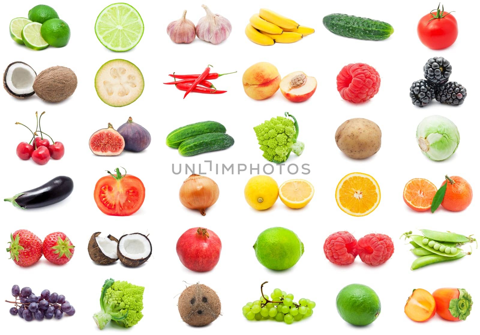 Collection of various fruits and vegetables isolated on white background