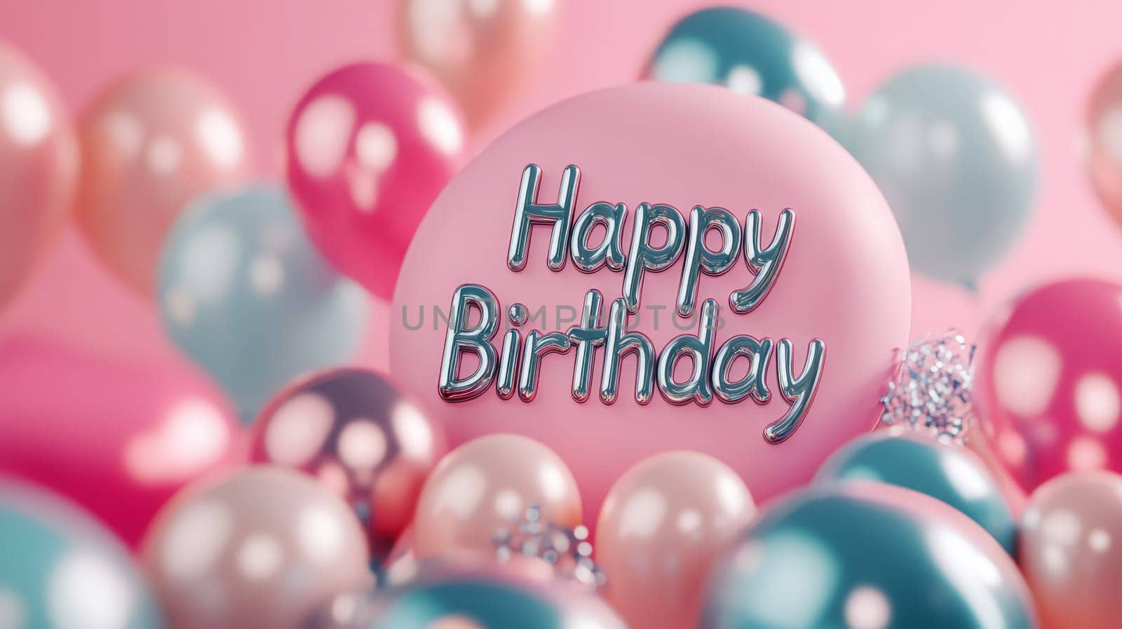 Metallic helium balloons with happy birthday inscription, Generative AI, holidays