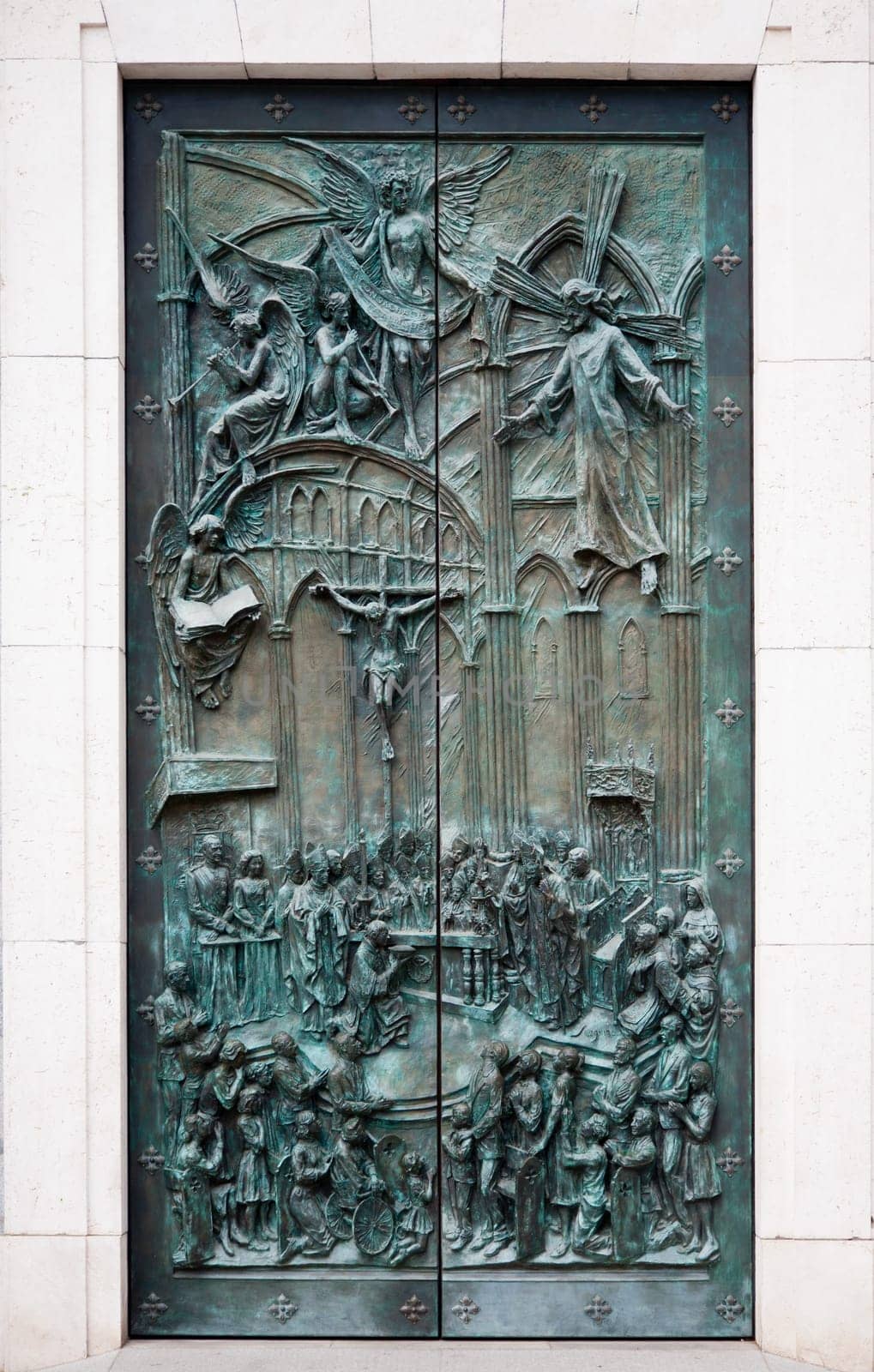 Main door of the Almudena cathedral in Madrid, Spain.