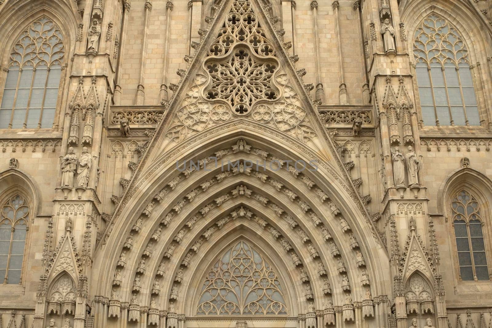 Entrance portal of Gothic Barcelona Cathedral (Barcelona, Catalunya, Spain)