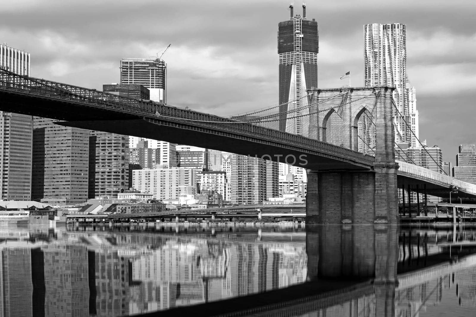 Monochromatic view of Brooklyn Bridge with Lower Manhattan (New York City, USA)