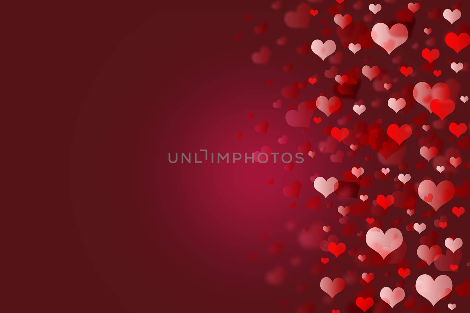 Background of red hearts. Hearts od different colors are in the right part of the image.
