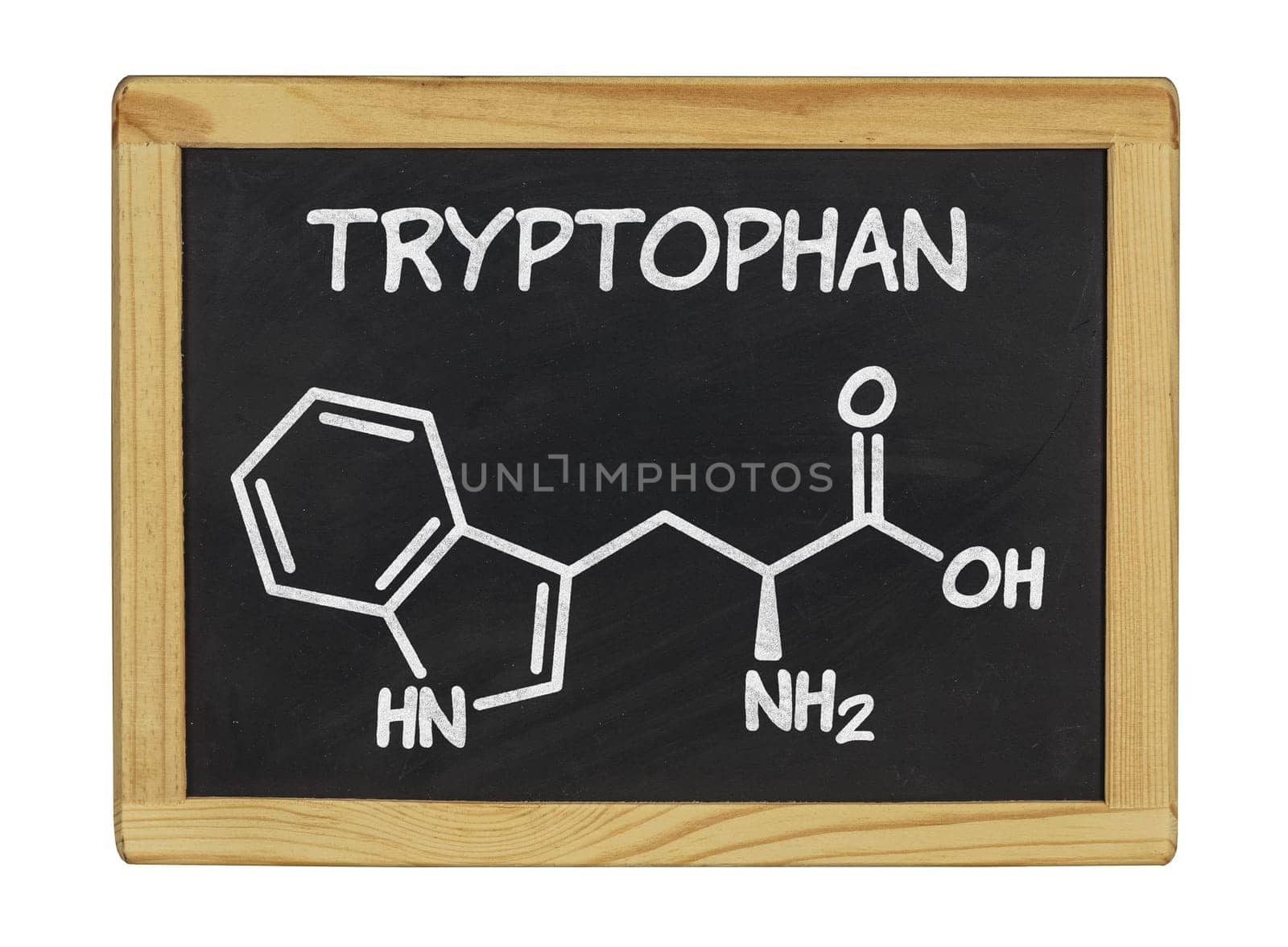 chemical structural formula of tryptophan on a slate