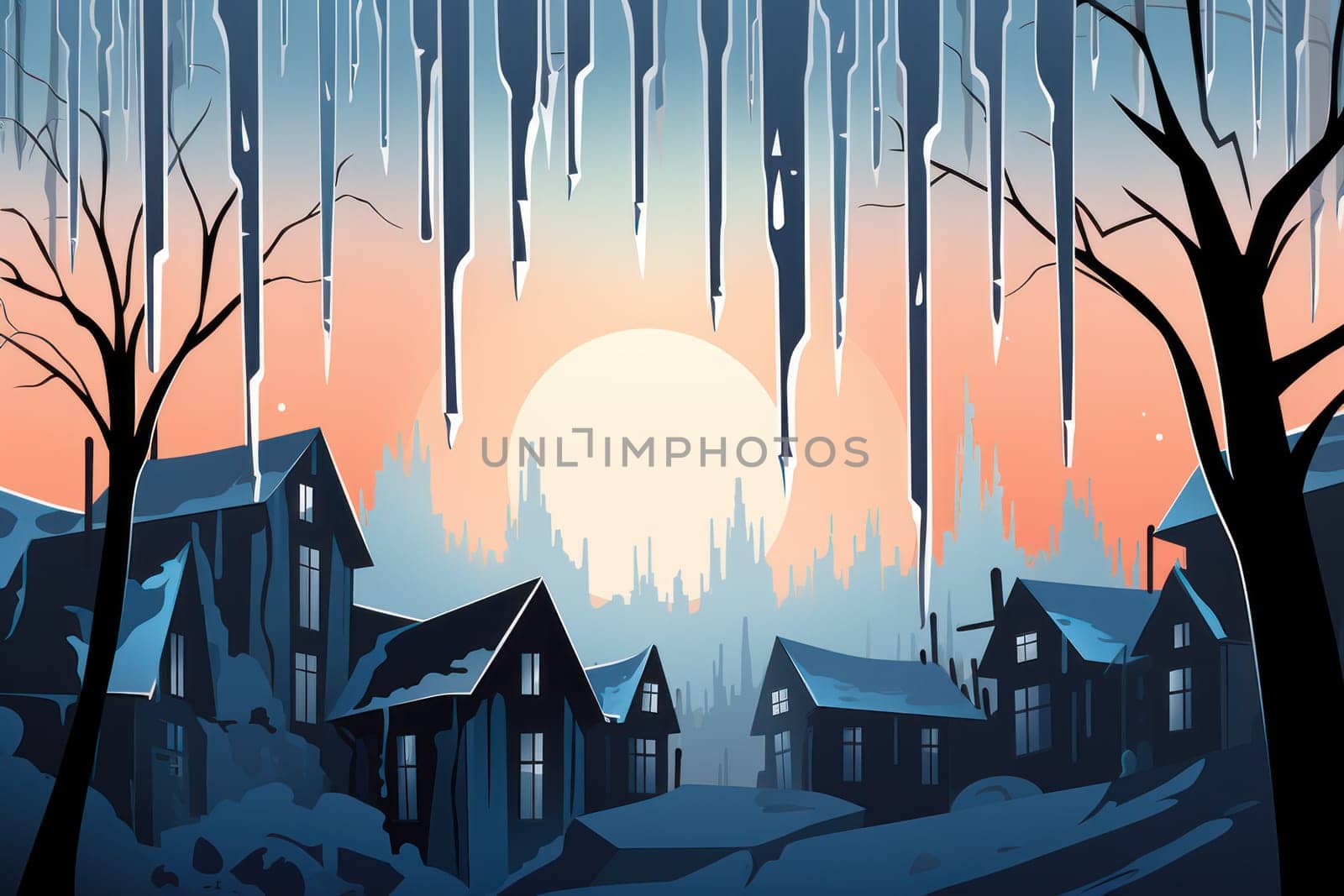 A remarkable portrayal of winter's allure, focusing on the glistening, see-through charm of icicles suspended from rooftops and tree limbs, showcasing their sparkling and crystalline elegance.