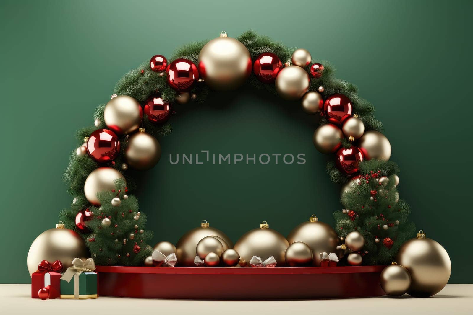 Podium for product display and Christmas baubles decoration. Generative AI by itchaznong