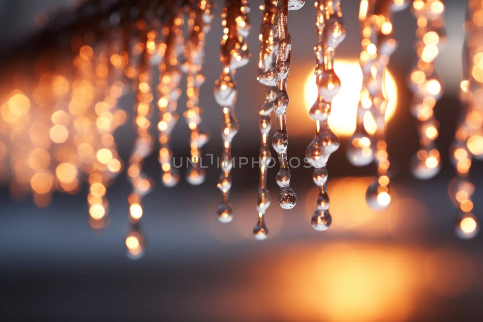 A remarkable portrayal of winter's allure, focusing on the glistening, see-through charm of icicles suspended from rooftops and tree limbs, showcasing their sparkling and crystalline elegance.