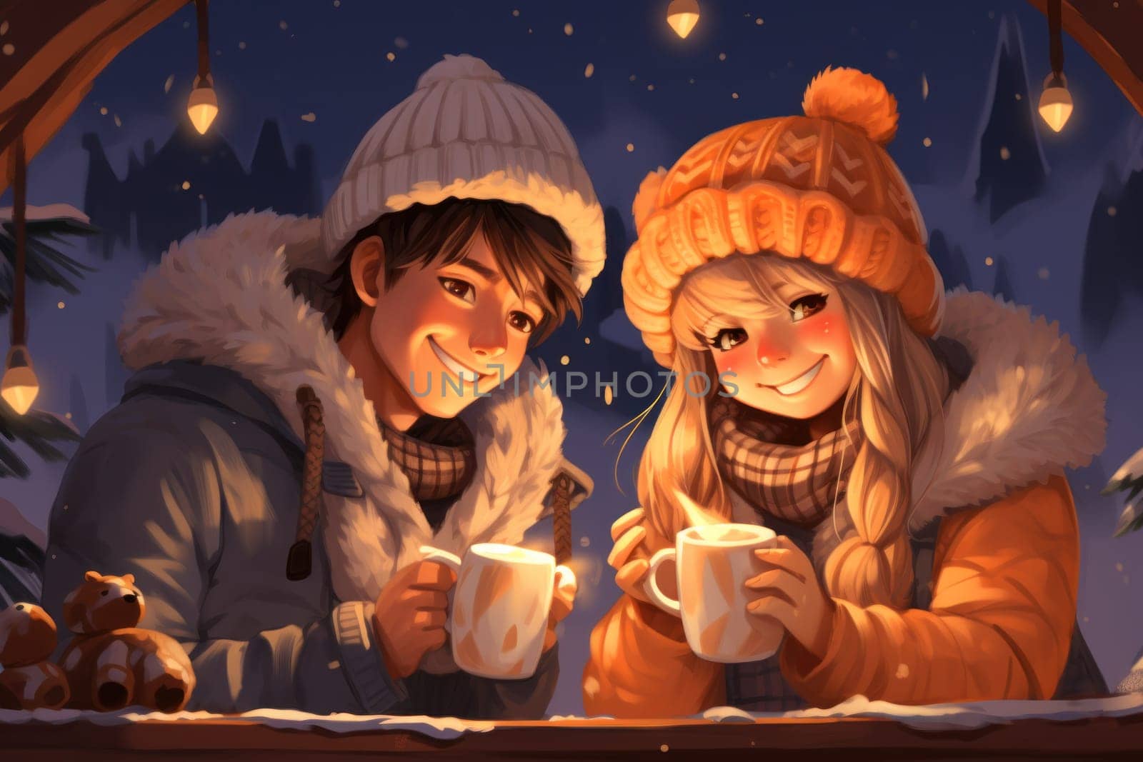 A heartwarming depiction of the winter season's charm, with individuals captured indoors, basking by a crackling fire, indulging in hot cocoa, or cocooned in soft blankets.