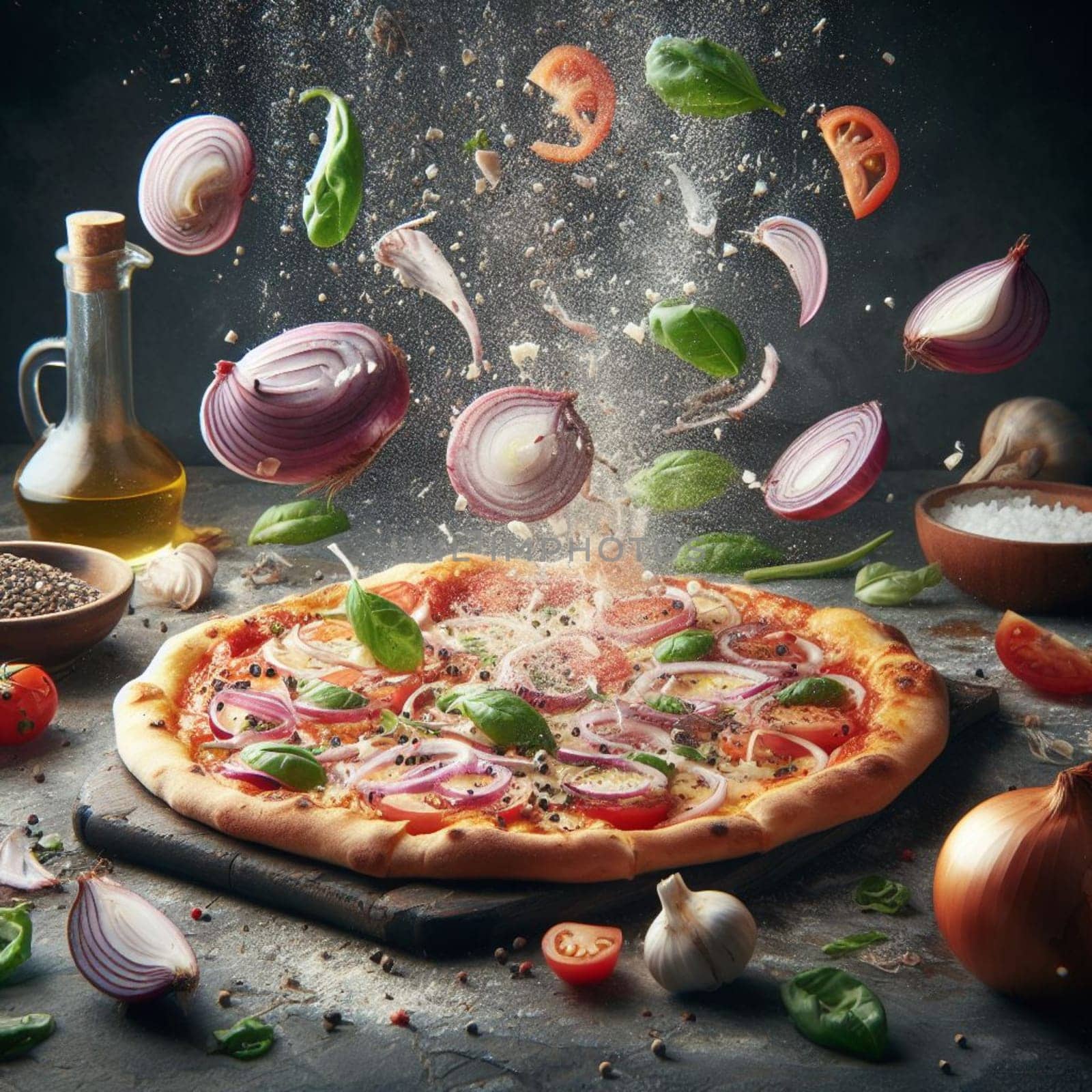 flying splashing mozzarella bufala italian pizza with tomato sauce and basil food photography generative ai art