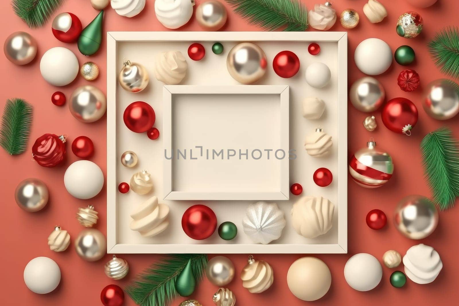 Mockup Empty Frame and Christmas baubles decoration. Generative AI by itchaznong