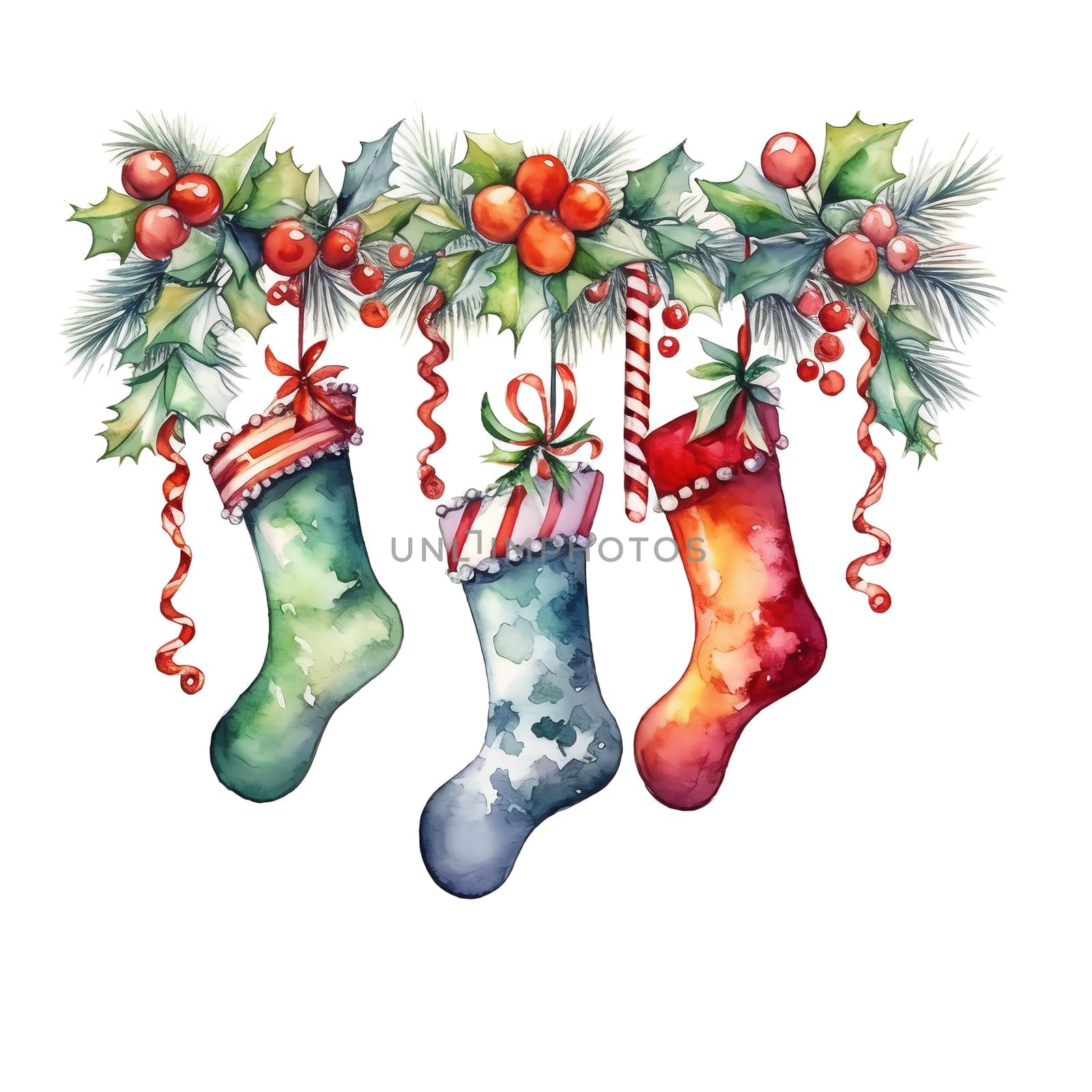 Watercolor Christmas stocking garlands. Holiday stocking garlands Clipart, Cozy Winter Clipart. AI Generated.