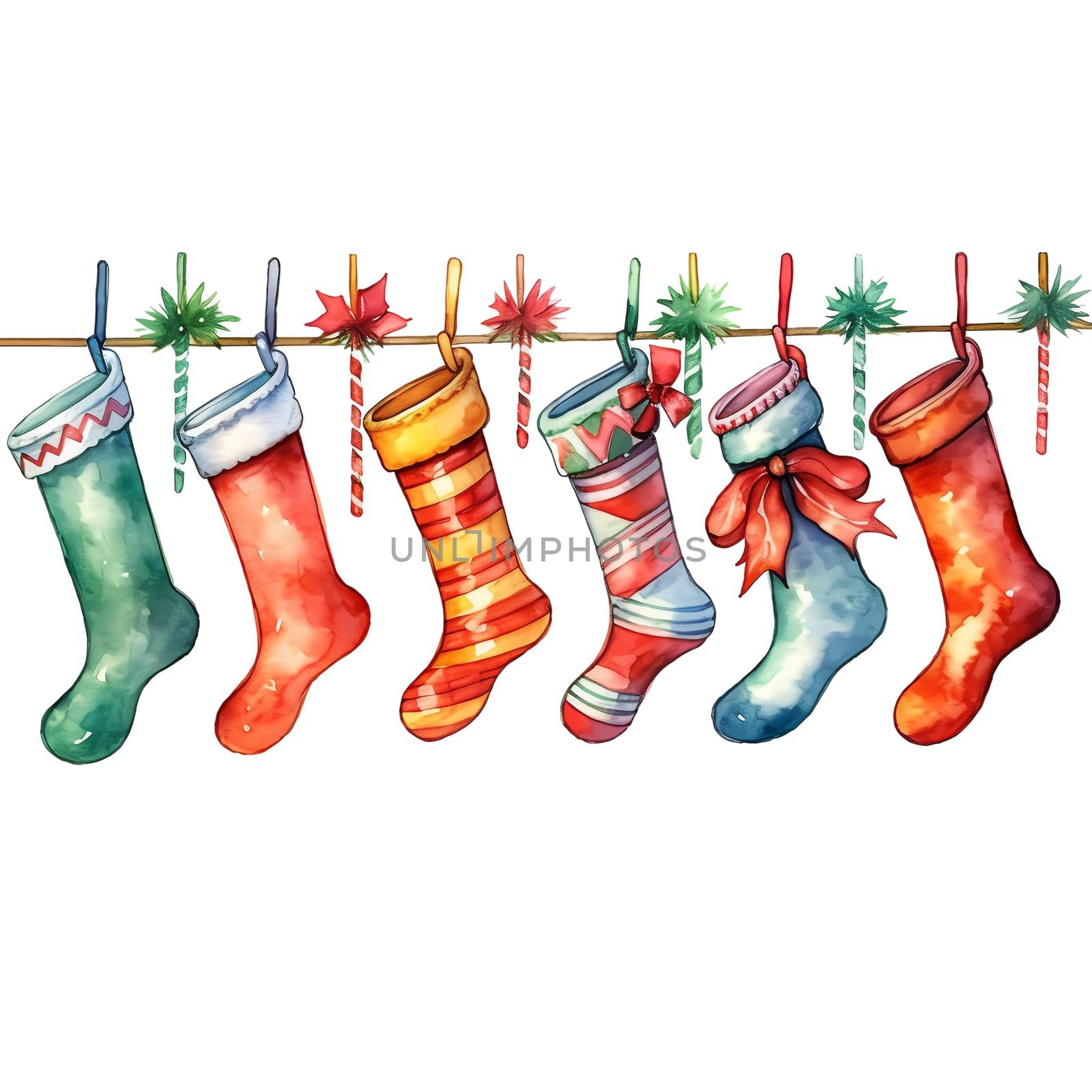 Watercolor Christmas stocking garlands. Holiday stocking garlands Clipart, Cozy Winter Clipart. by AndreyKENO