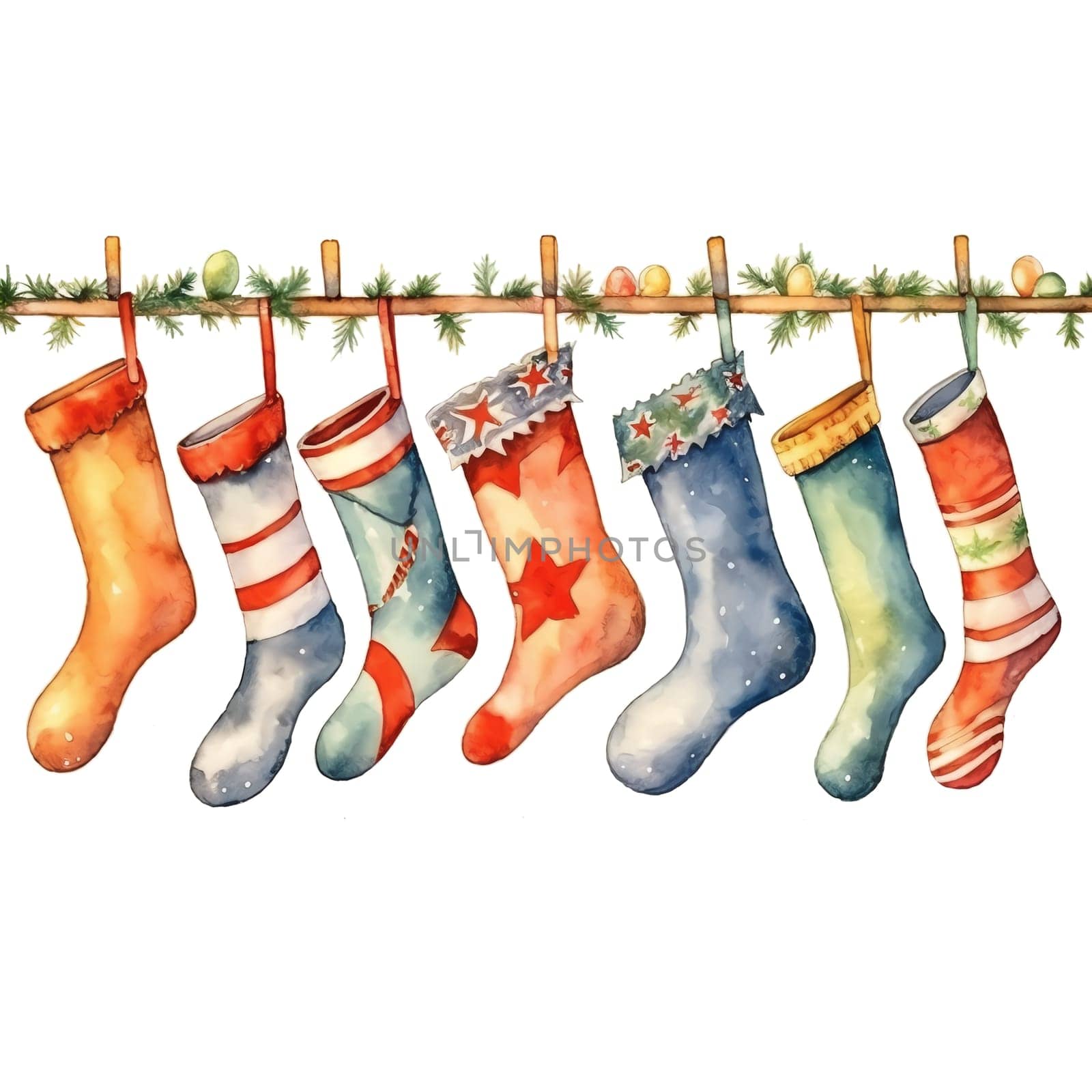 Watercolor Christmas stocking garlands. Holiday stocking garlands Clipart, Cozy Winter Clipart. by AndreyKENO