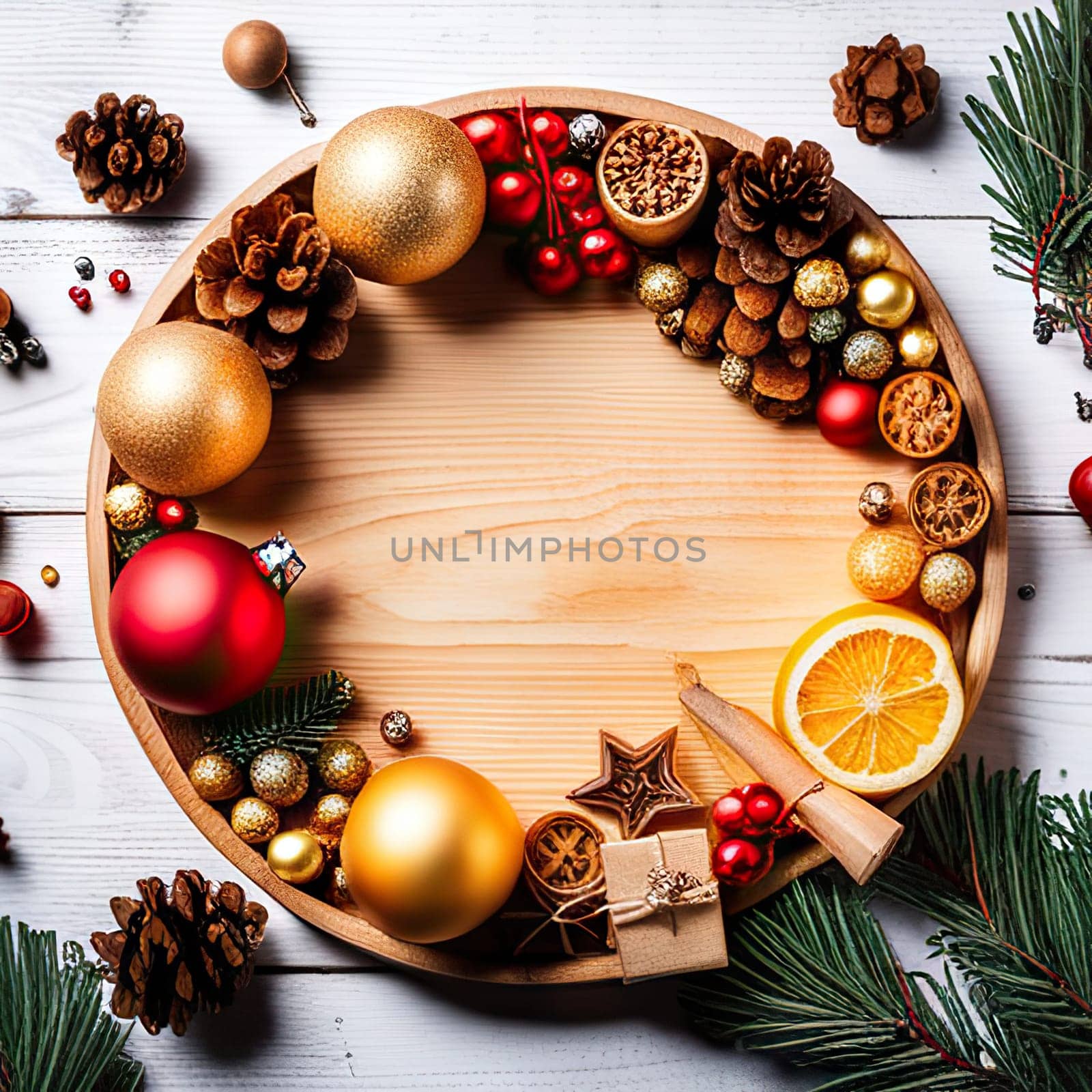 Christmas composition. Christmas gift boxes, pine cones, fir branches on wooden background. Flat lay, top view,