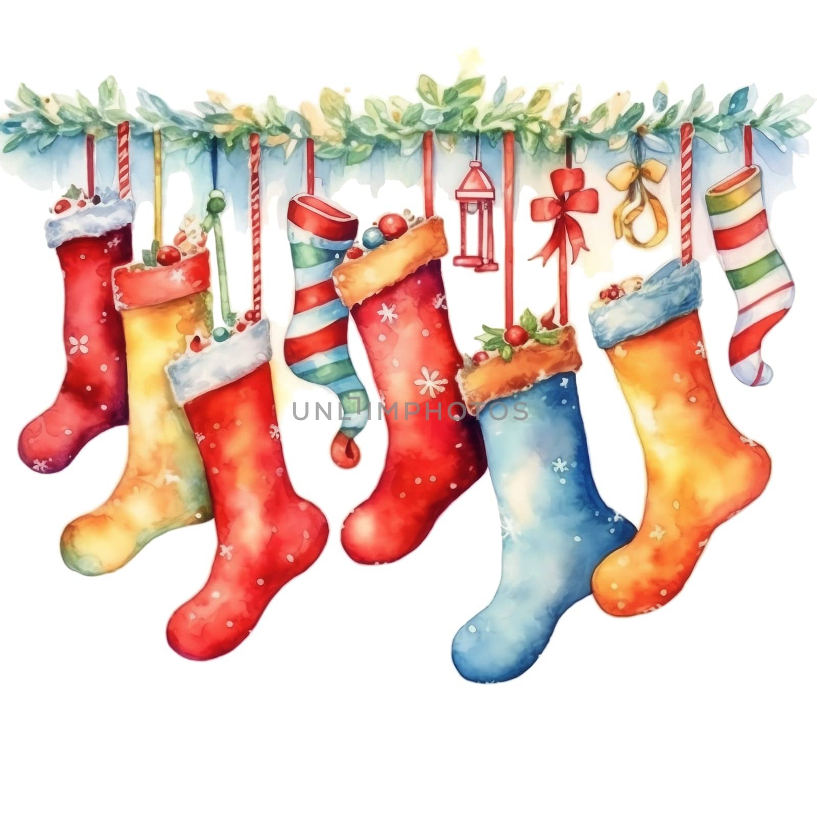 Watercolor Christmas stocking garlands. Holiday stocking garlands Clipart, Cozy Winter Clipart. AI Generated.