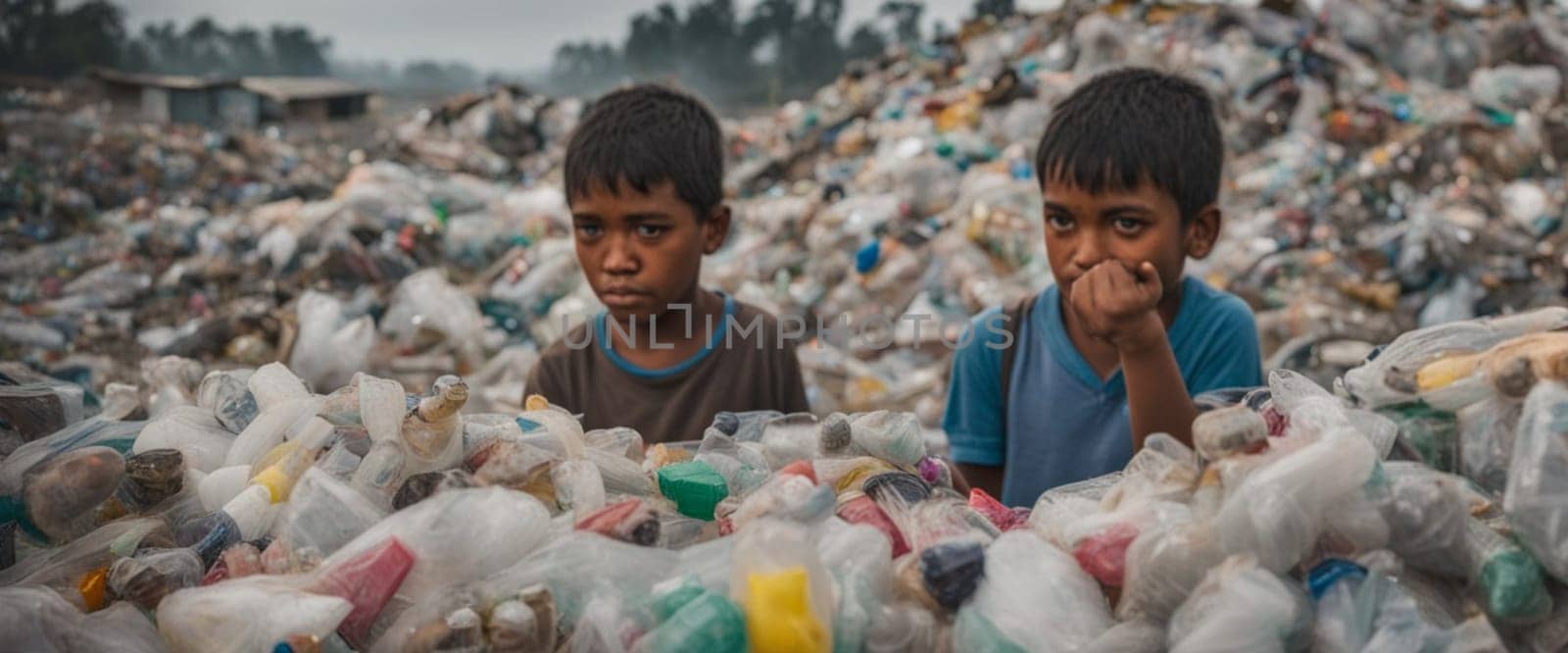 poor children in a contaminated plastic dump illustration generative ai art