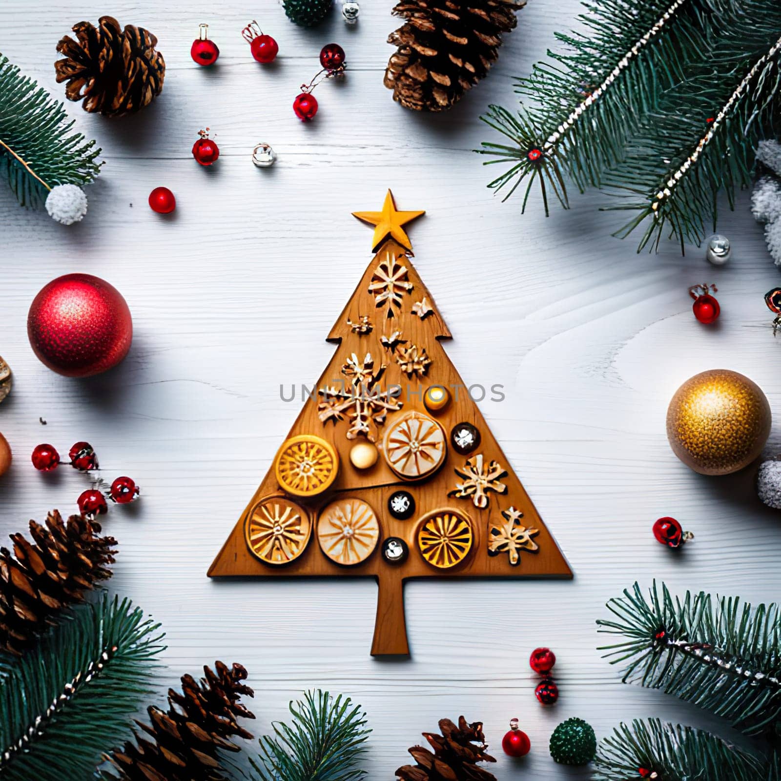 Overhead shoot wooden christmas tree and decoration, Winter holidays. by EkaterinaPereslavtseva