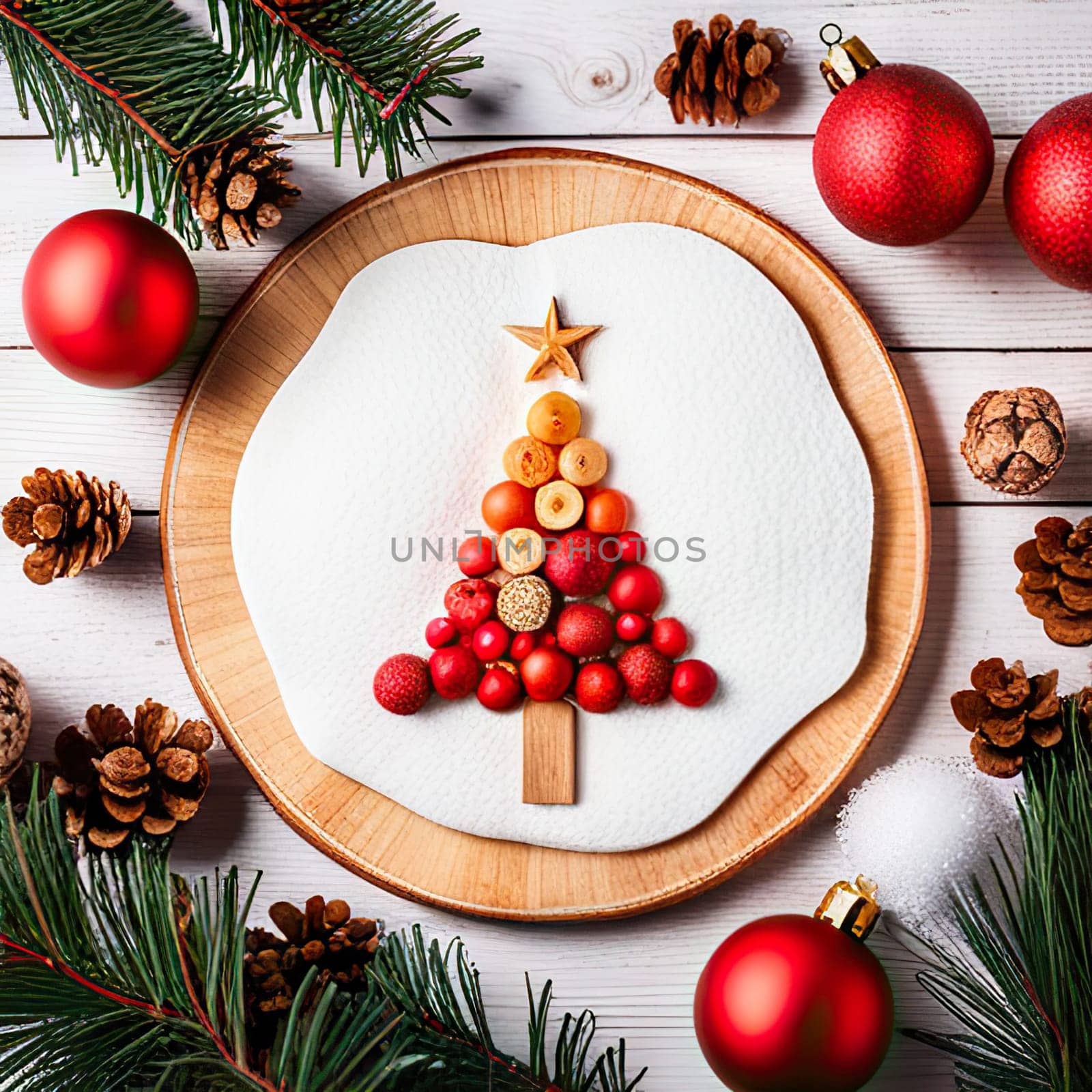 Overhead shoot wooden christmas tree and decoration, Winter holidays. by EkaterinaPereslavtseva