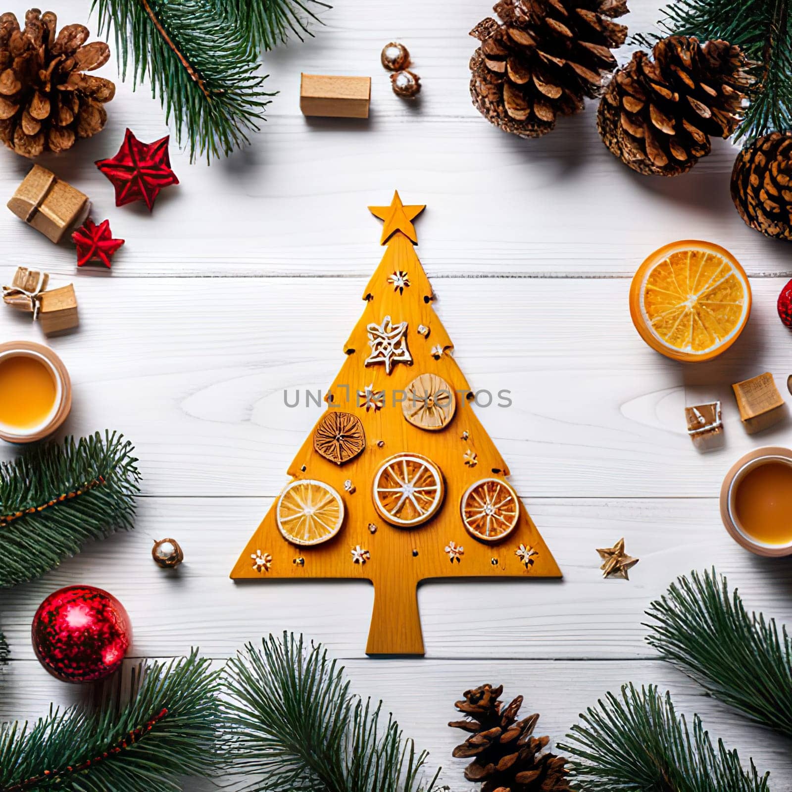 Overhead shoot wooden christmas tree and decoration, Winter holidays. by EkaterinaPereslavtseva