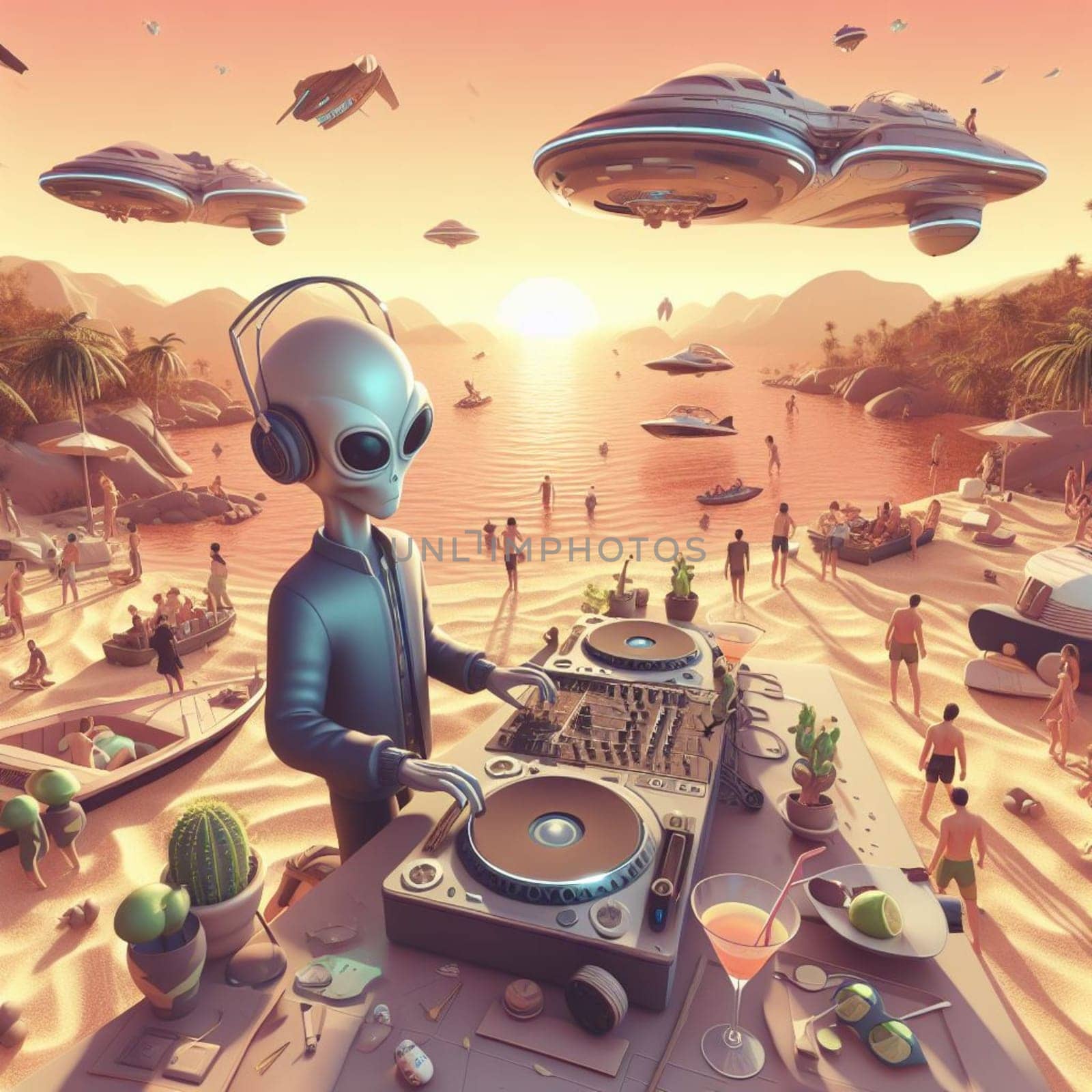 metallic alien deejay, hosting a crowded beach party in tropical island at sunset surreal scene by verbano