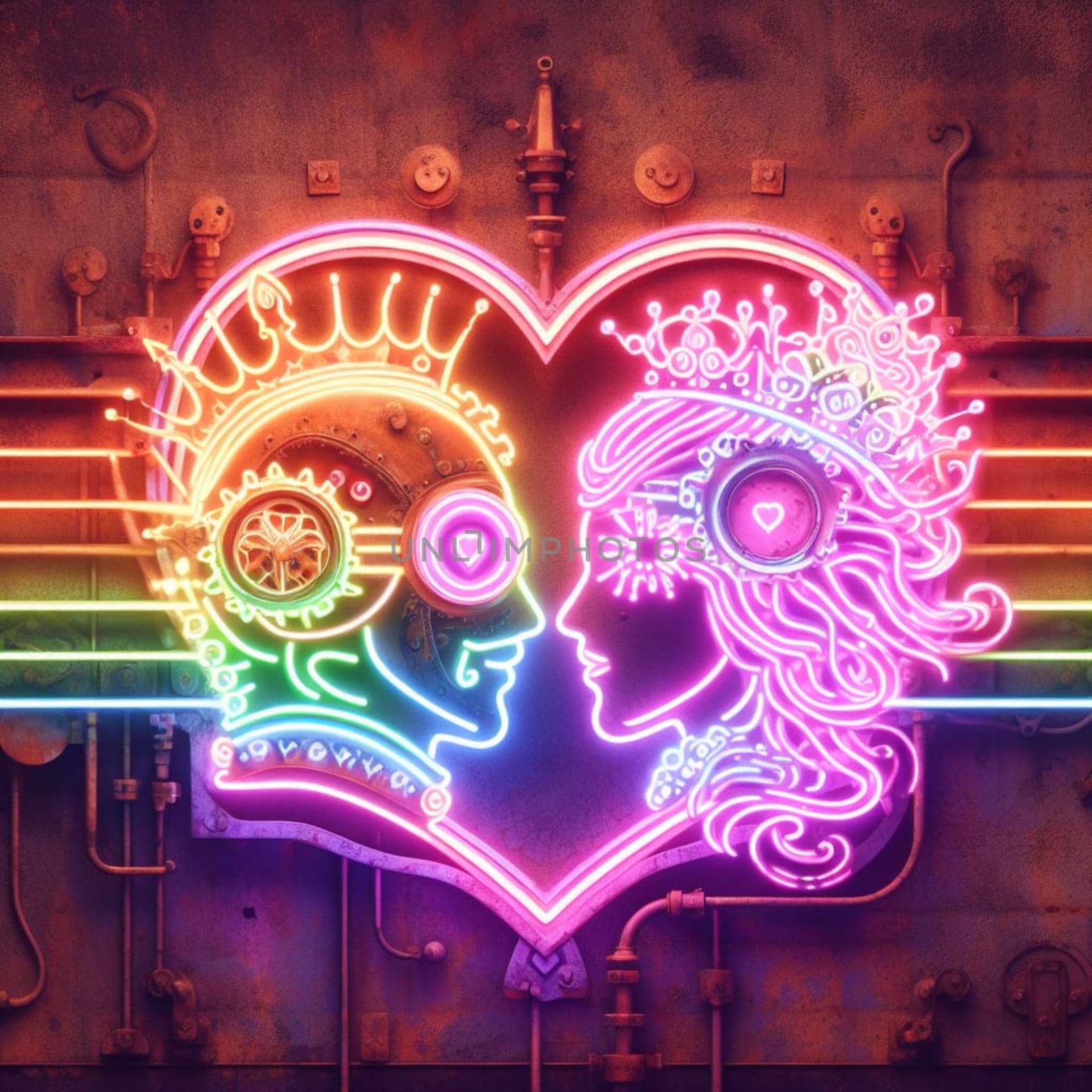 steampunk king and queen in love neon sign valentine illustration concept rusty background by verbano