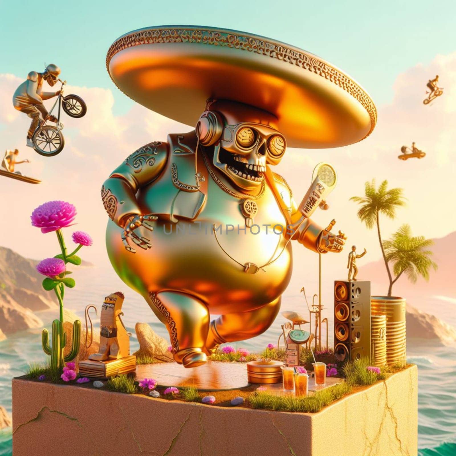 steampunk skater fashionable cool deejay alien mariachi hosting party in tropical island at sunset by verbano