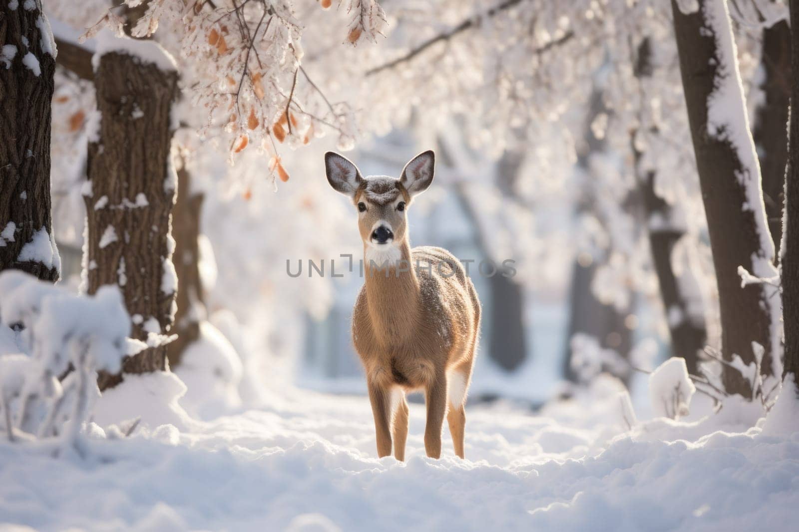 An enchanting winter tableau, showcasing the grace and resilience of wildlife, including deer, birds, and squirrels, in their natural habitats during the frosty season.