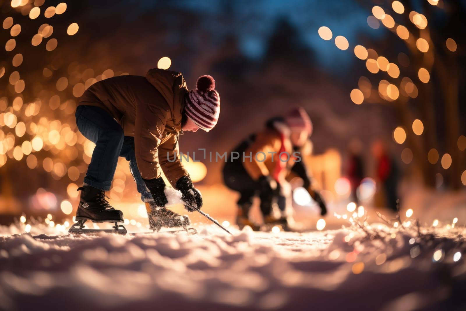 A dynamic portrayal of the exhilarating winter season, featuring individuals engaged in a range of invigorating activities such as skiing, snowboarding, and ice skating.