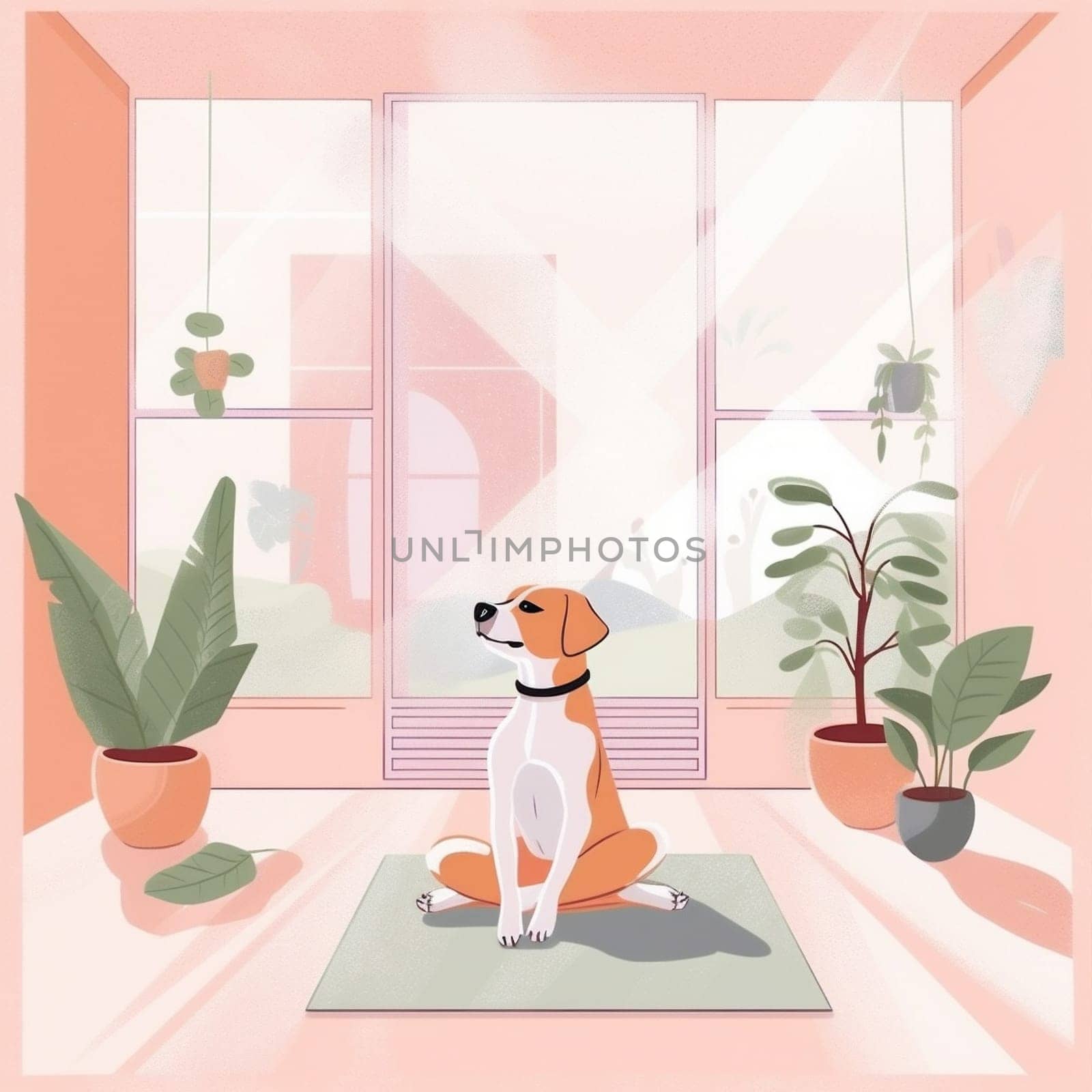 dog woman body training fitness relax yoga home cartoon sport lifestyle. Generative AI. by Vichizh