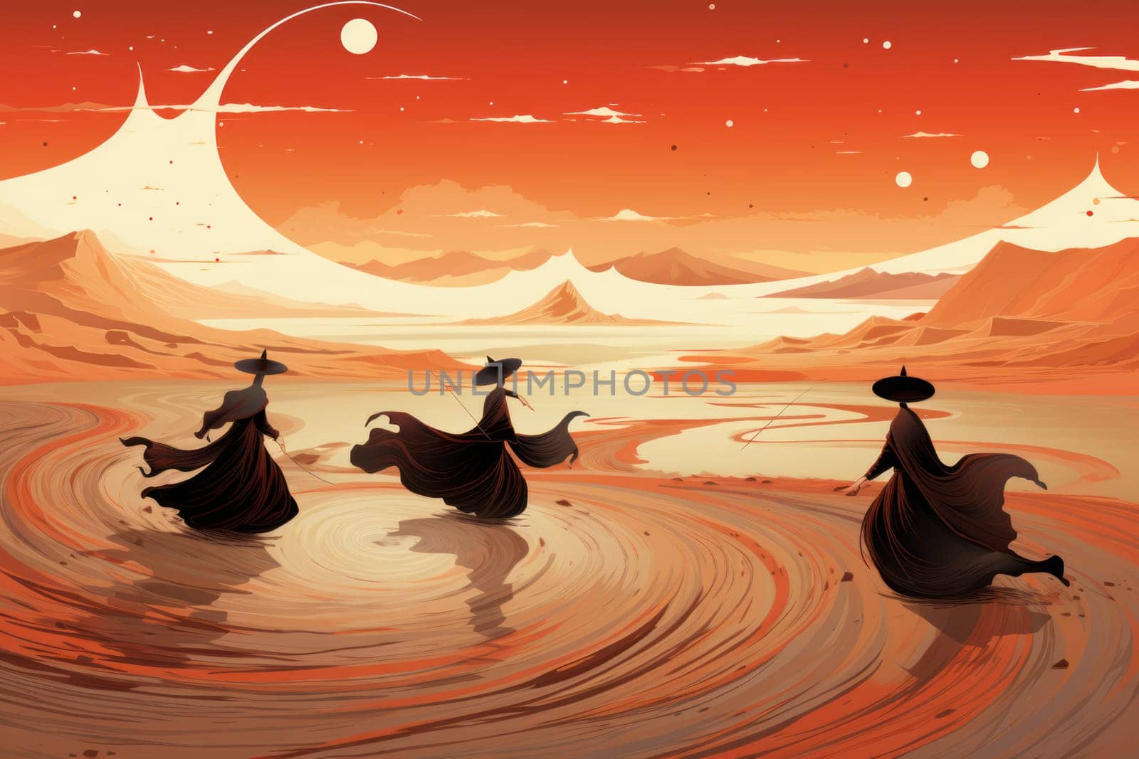 In the enchanting world of fantasy, there exist mystical beings known as whirling sand dervishes.