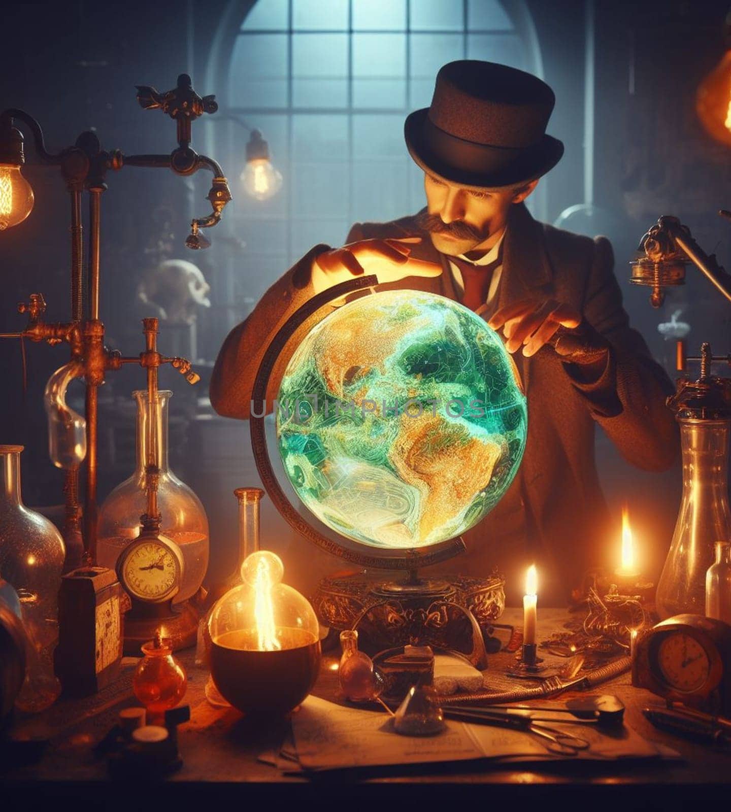 steampunk magician artisan god mechanic in lab check repair planet health as earth day concept illustration generative ai art
