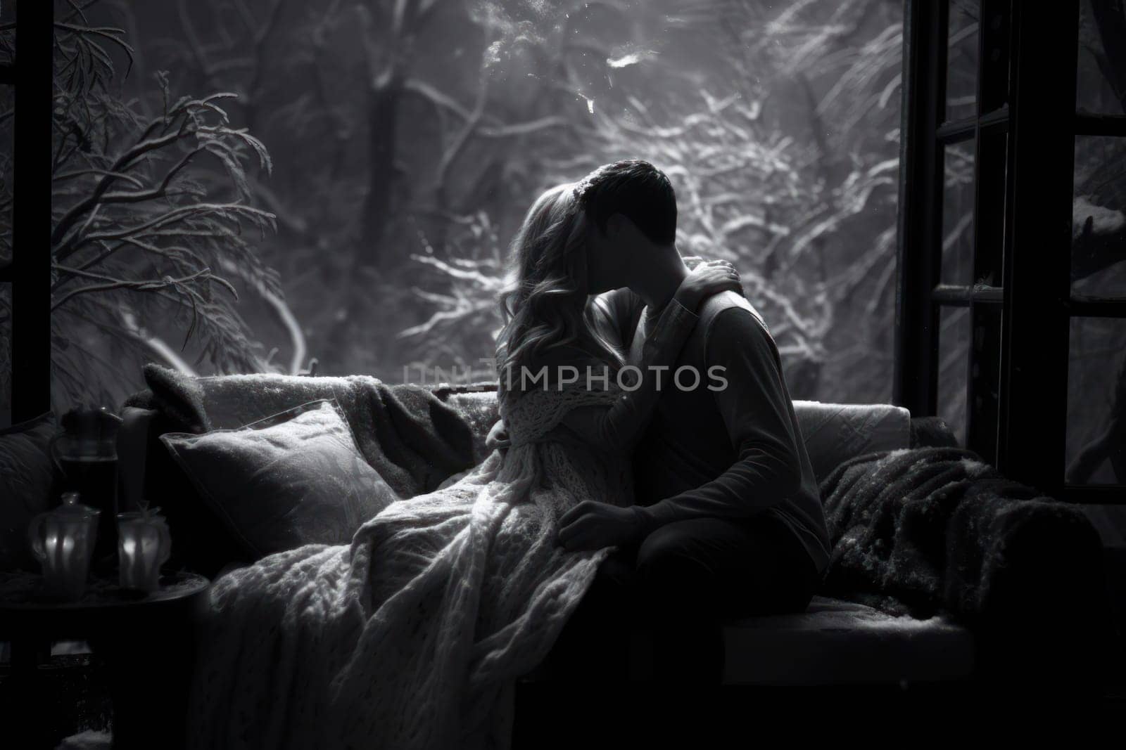 A heartwarming depiction of the winter season's charm, with individuals captured indoors, basking by a crackling fire, indulging in hot cocoa, or cocooned in soft blankets.