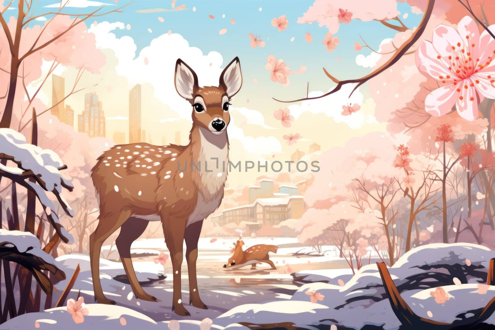 An enchanting winter tableau, showcasing the grace and resilience of wildlife, including deer, birds, and squirrels, in their natural habitats during the frosty season.