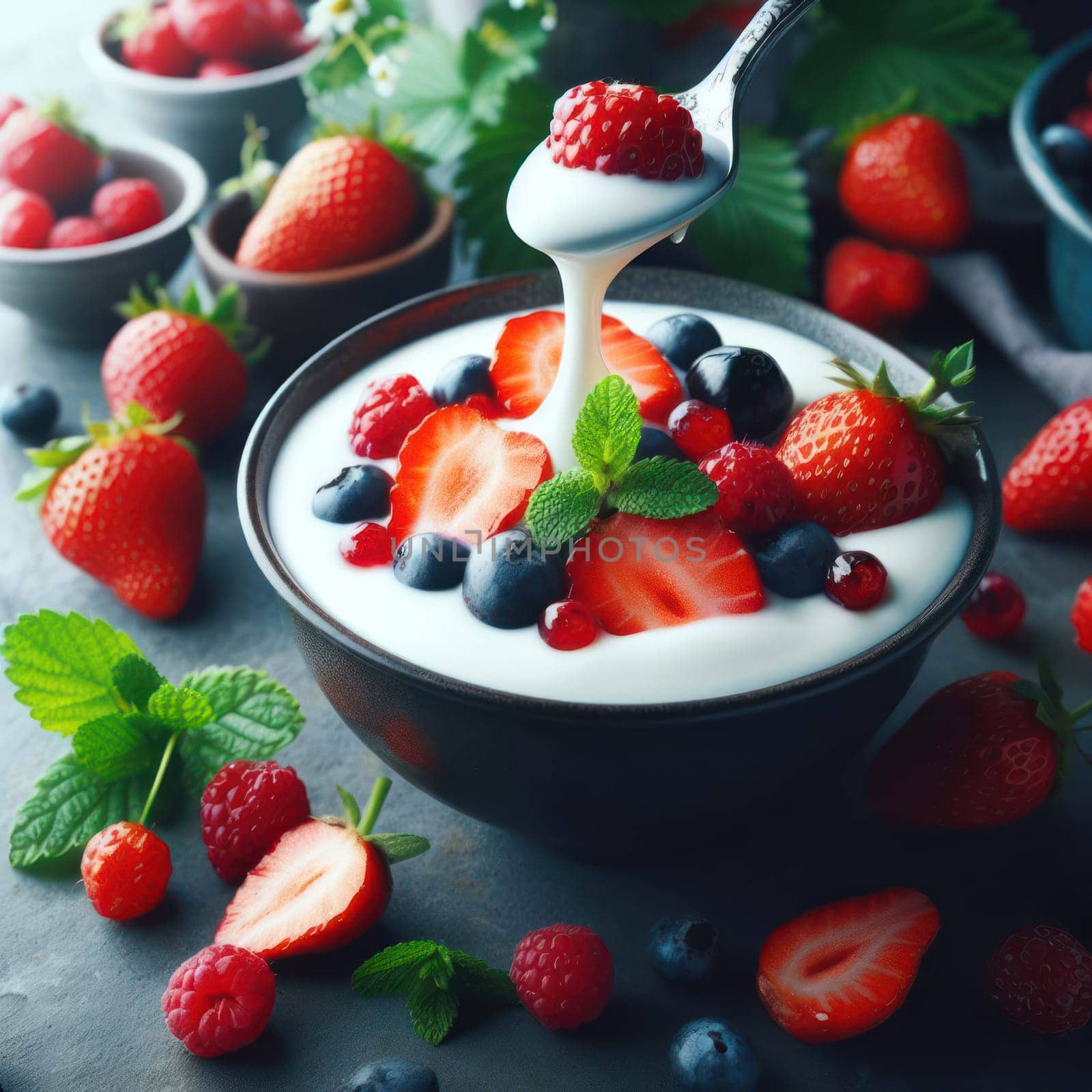 From side delicious homemade yogurt with strawberries, berries and cereals.