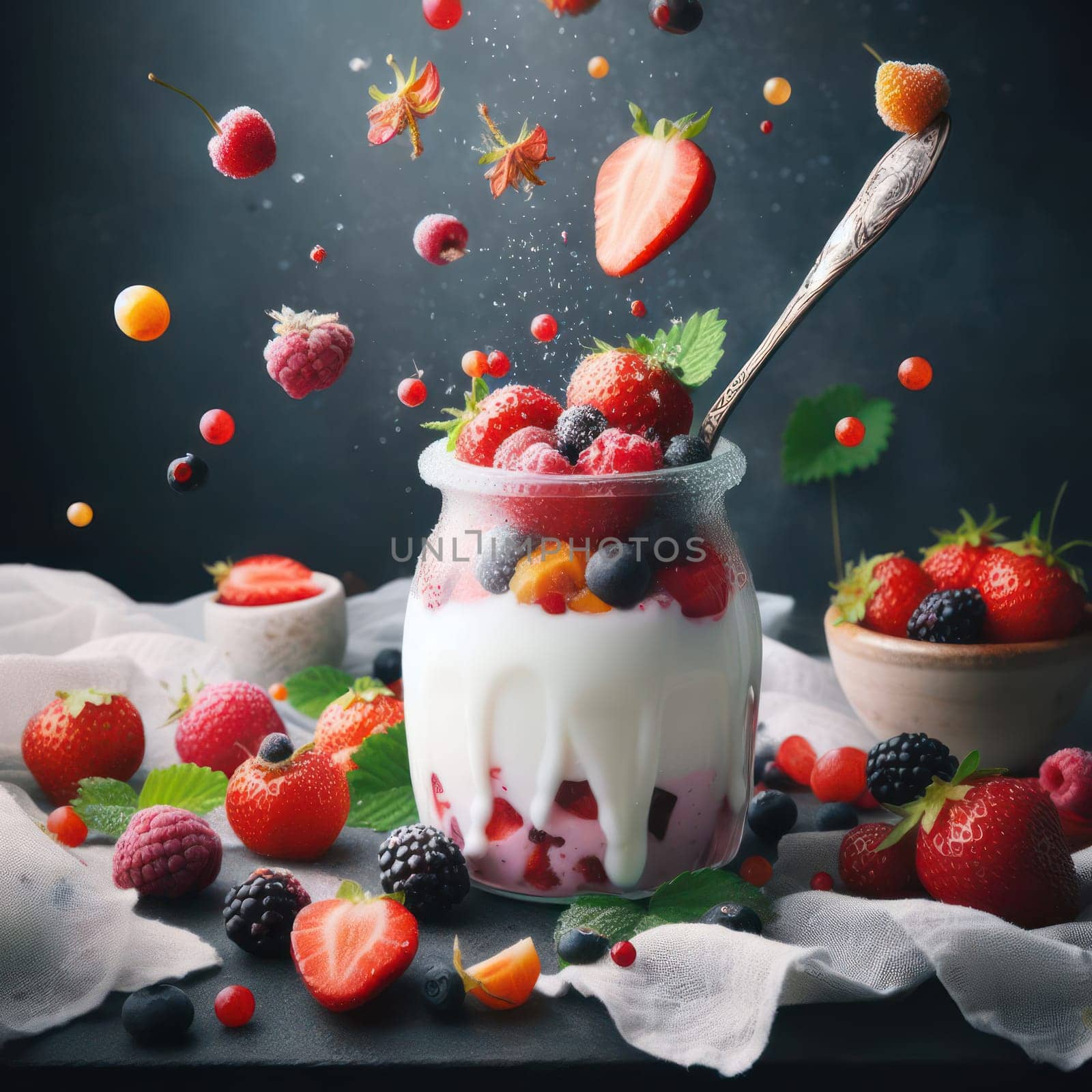 From side delicious homemade yogurt with strawberries, berries and cereals.