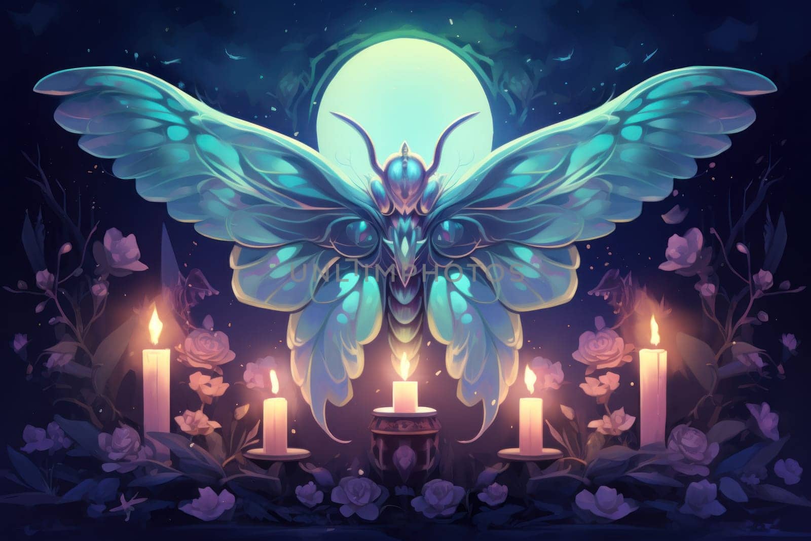 A captivating portrayal of celestial moth guardians, their ethereal presence warding off malevolent spirits with a soft, lunar glow.
