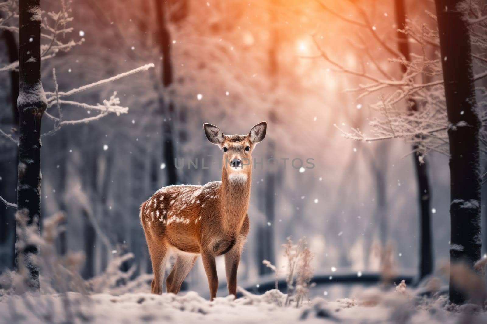 An enchanting winter tableau, showcasing the grace and resilience of wildlife, including deer, birds, and squirrels, in their natural habitats during the frosty season.
