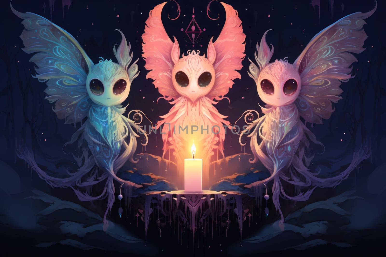 A captivating portrayal of celestial moth guardians, their ethereal presence warding off malevolent spirits with a soft, lunar glow.
