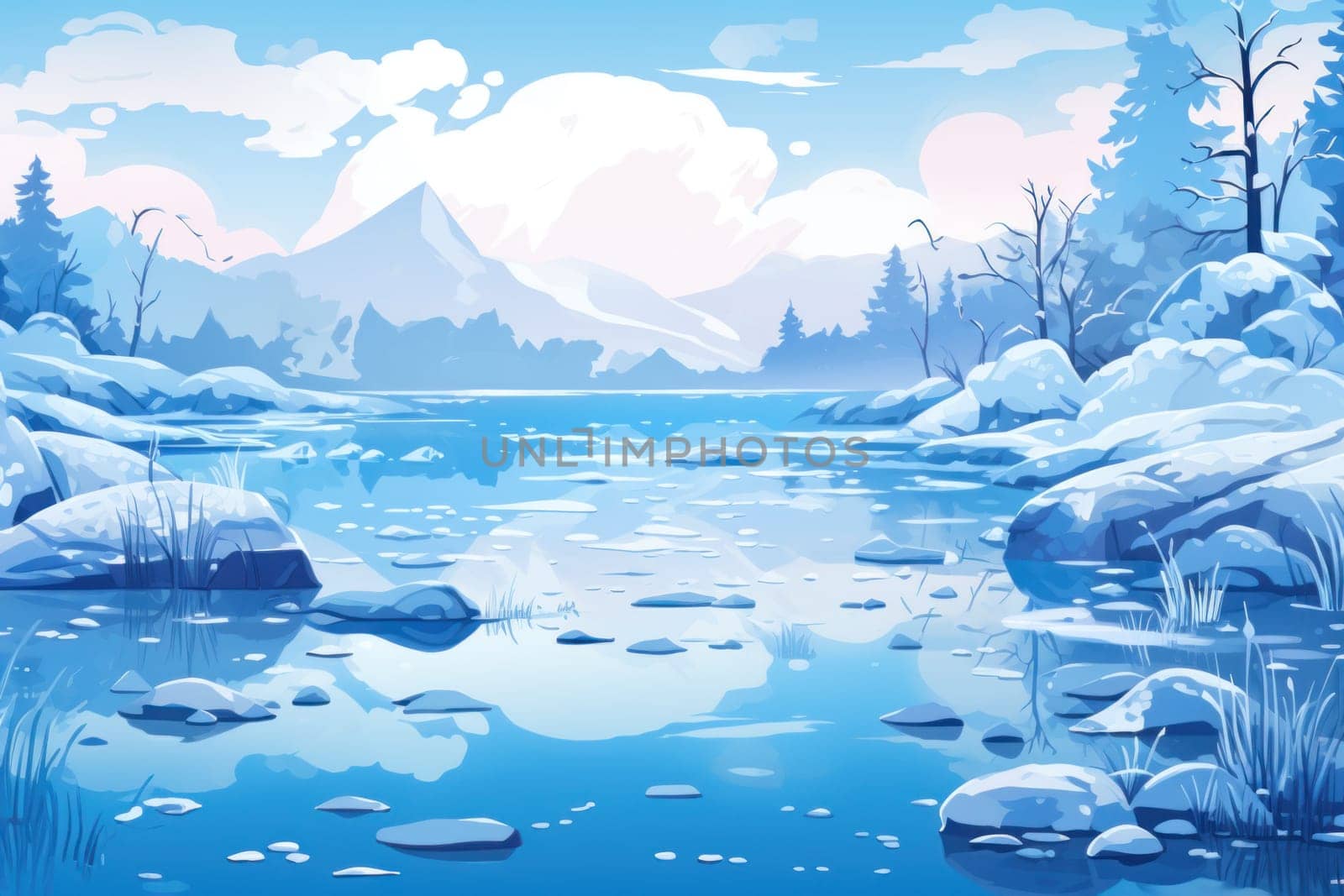 An exquisite visual representation of winter's enchantment, featuring frozen lakes, rivers, and ponds.