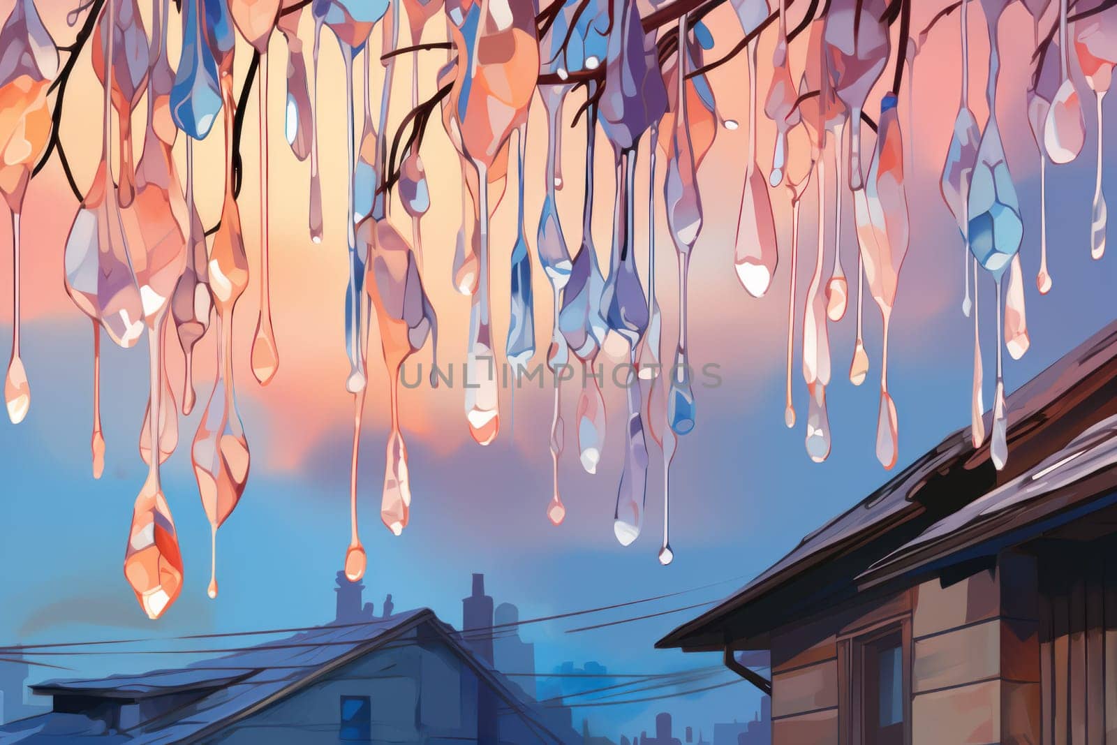 A remarkable portrayal of winter's allure, focusing on the glistening, see-through charm of icicles suspended from rooftops and tree limbs, showcasing their sparkling and crystalline elegance.