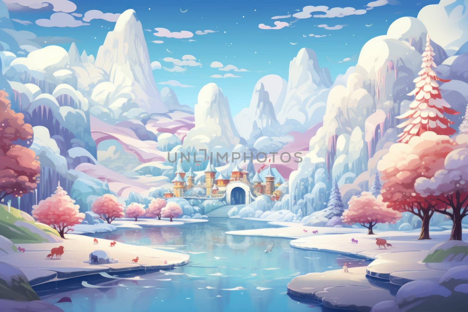 A captivating artistic portrayal of the enchanting winter season, where landscapes are magically transformed into a wonderland adorned with shimmering snow and sparkling icicles.